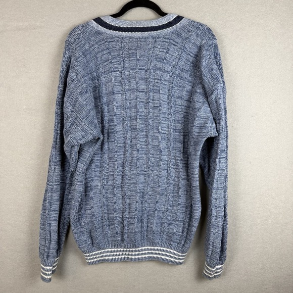 Vtg Jantzen Mens Blue Cable Knit V-Neck Sweater Made in USA Large Striped Trim - Picture 5 of 5